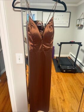 JLUXLABEL Satin Maxi Slip Dress in Chestnut Brown
